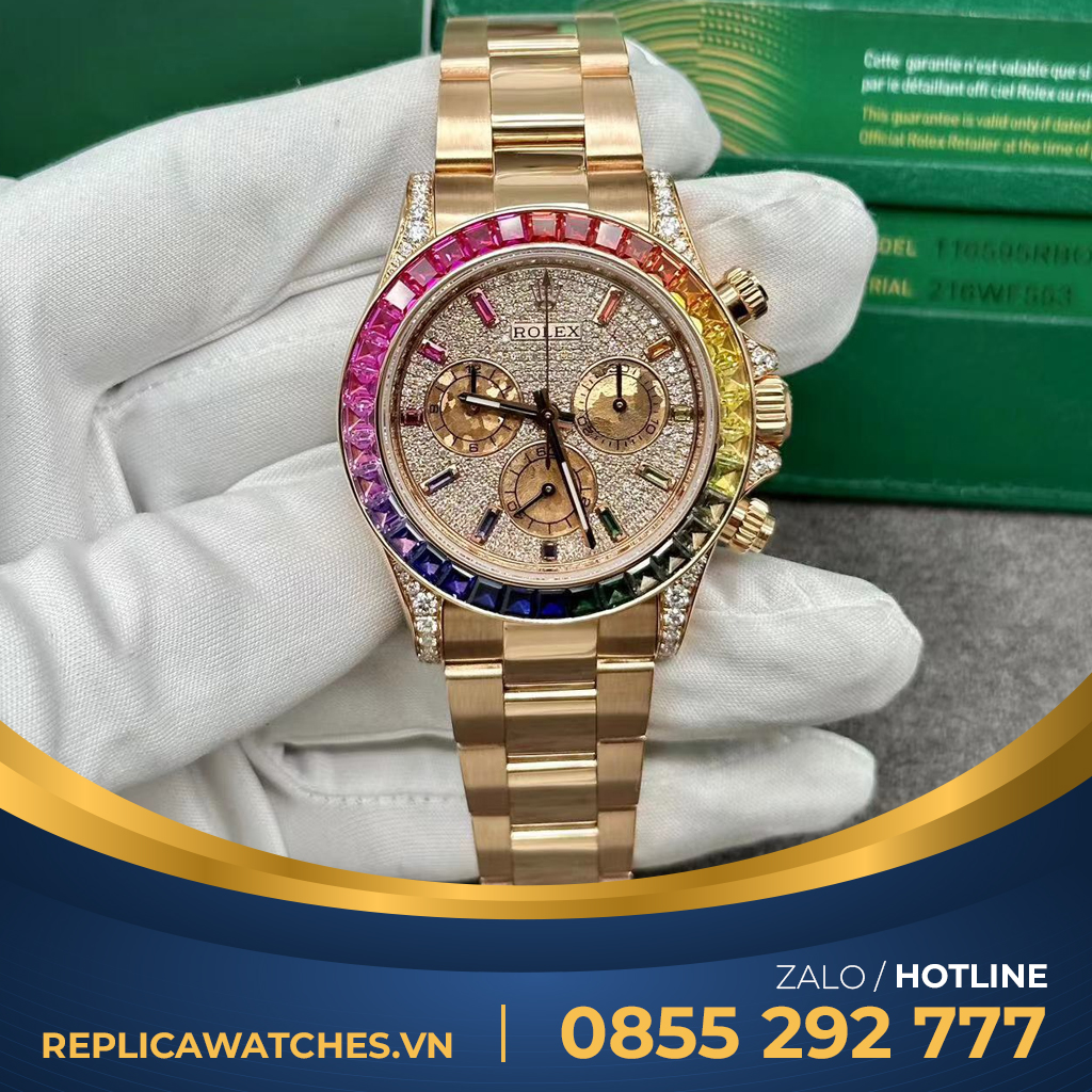 Rolex Cosmograph Daytona 116595RBOW Vàng Hồng 18k Mặt Số Đính Kim Cương Chế Tác