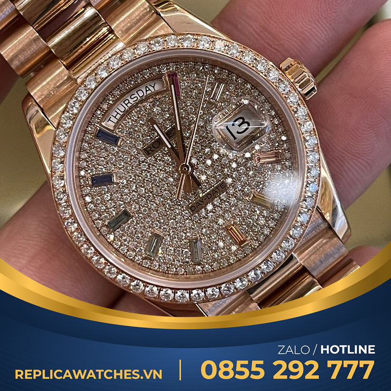 Rolex daydate 128345 rose gold full diamond dial chế tác 36mm