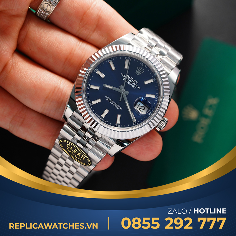 Rolex datejust replica mặt xanh dương cọc số dạng quang 41mm