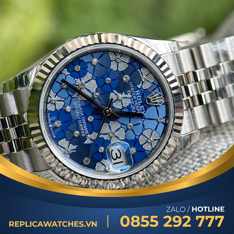 Đồng hồ rolex datejust 31 278289RBR mặt số hoạ tiết hoa xanh dương